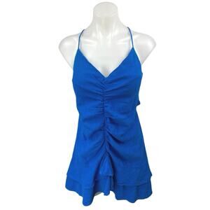 Zara Blue Ruched Cutout Sleeveless Cami Camisole Tank Tiered A Line Mini Dress S